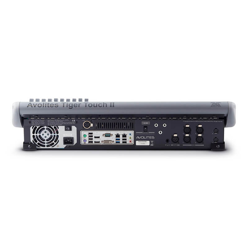 Avolites Tiger Touch II lighting desk rear panel showing input and output connectors.