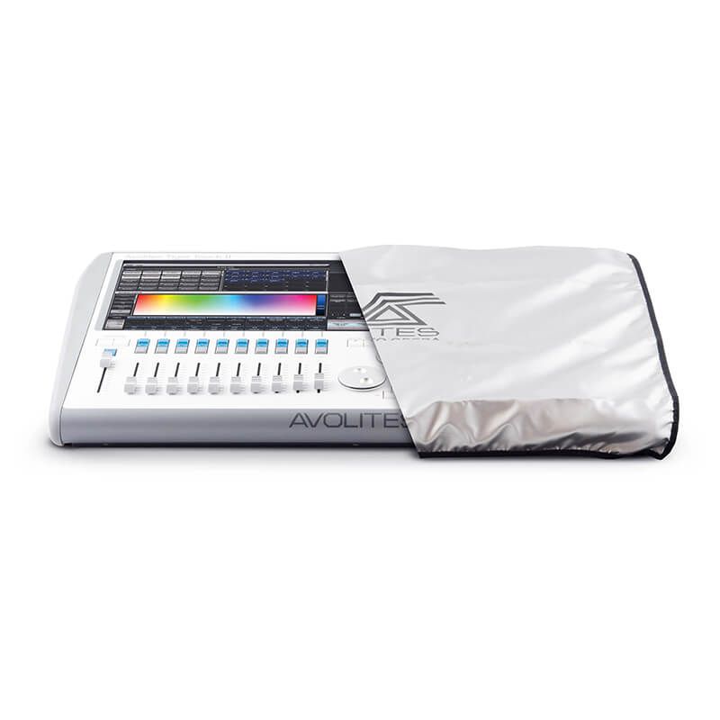 Front view of the Avolites Tiger Touch II lighting control desk partially covered by its protective cover.