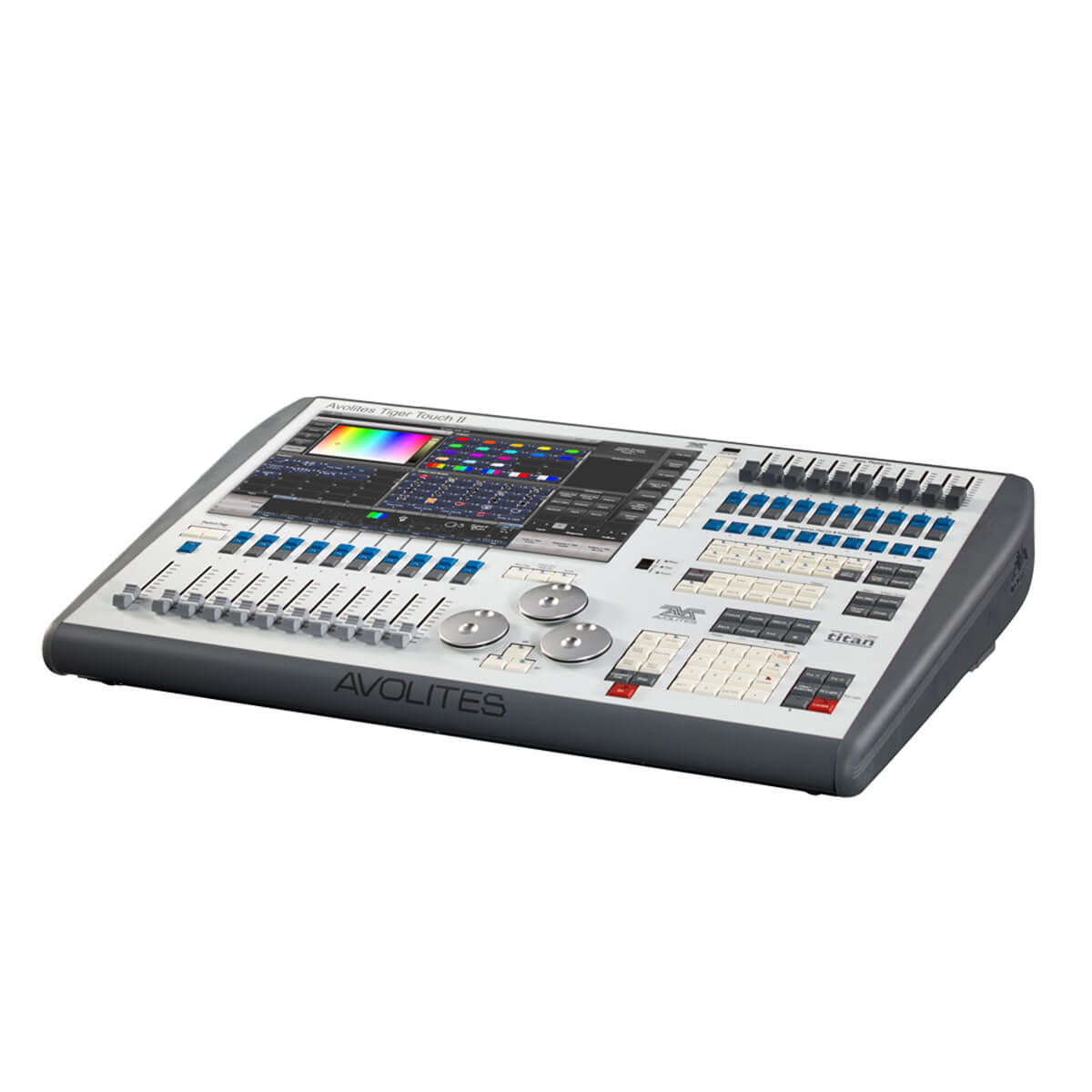 Avolites Tiger Touch II lighting console left-side angled view highlighting touchscreen, faders, and control surface