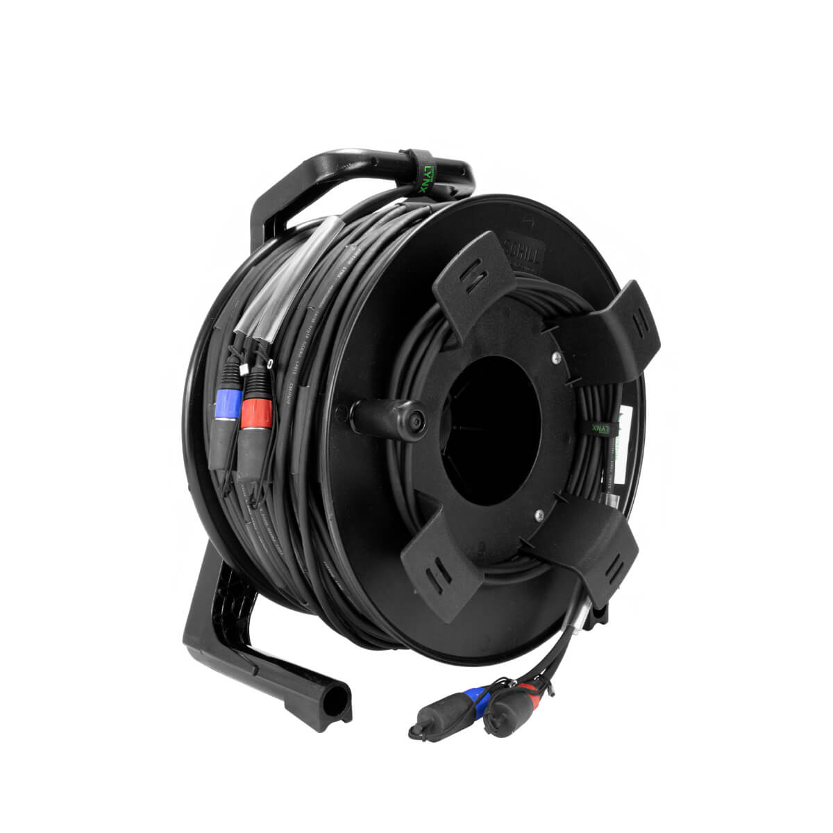 Angled view of the Custom Lynx 80m CAT5E EtherCON cable drum