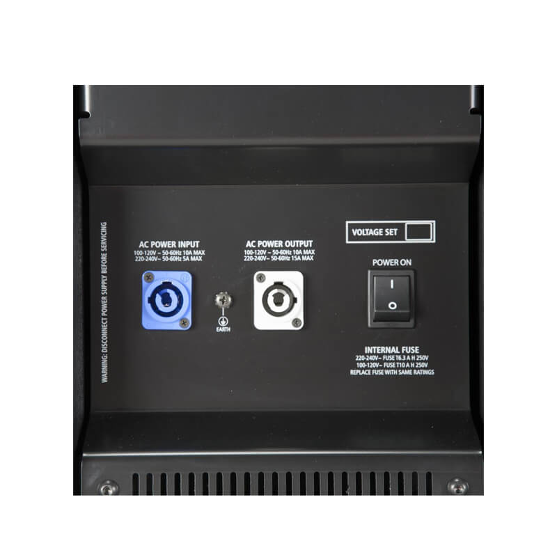 Rear vied of the RCF SUB8004AS Active High-Power Subwoofer showing AC power input/output and switch