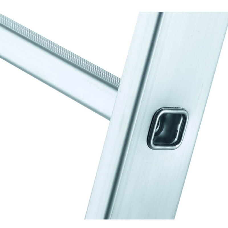 Close-up view of an aluminum ladder showing the rung securely attached to the stile with a swaged joint.