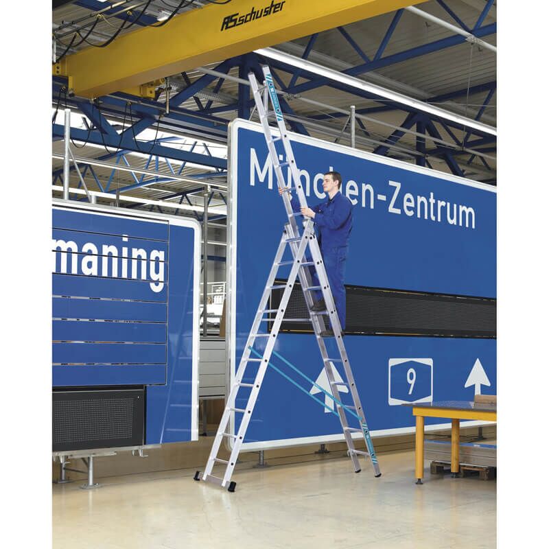 Man using the Zarges 3 Way Ladder 12 Rung Skymaster Trade 41542 for safe elevated work.