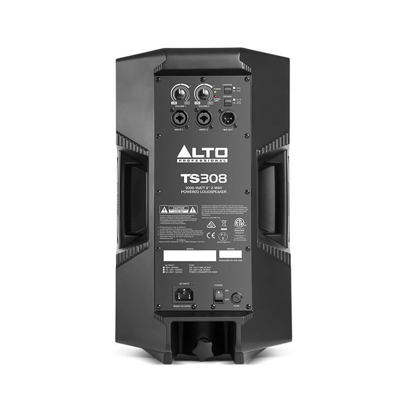 Rear view of the Alto TS308 active speaker showing input and output connections, control knobs, power switch, and ventilation design.
