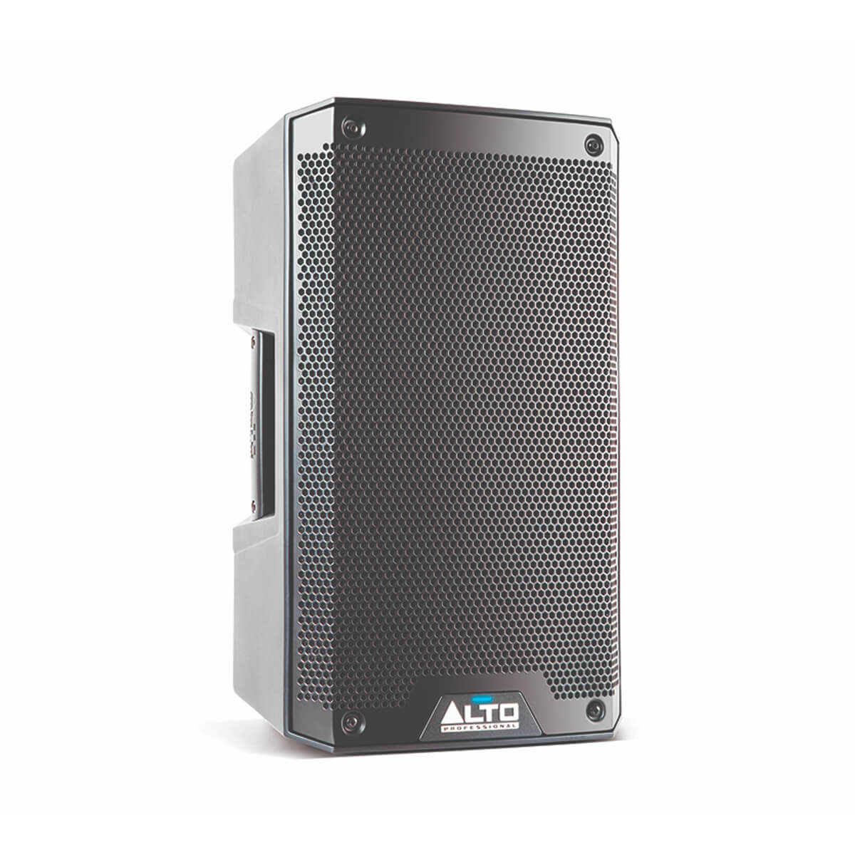 Angled right-side view of the Alto TS308 active speaker showing its front grille, side handle, and rugged cabinet design.