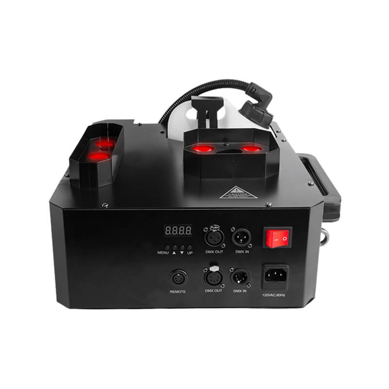 Chauvet Geyser P7 vertical fogger machine rear panel with DMX ports, power switch, and control buttons, shown with fluid tank and red LEDs lit