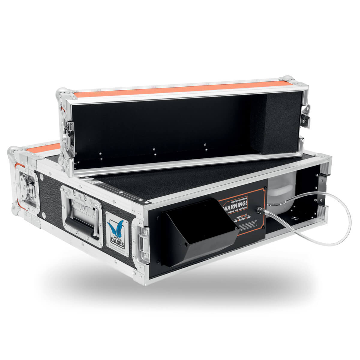 Hazebase Pro 1500W Hazer machine in protective flight case with open lid, showing hose connection and components
