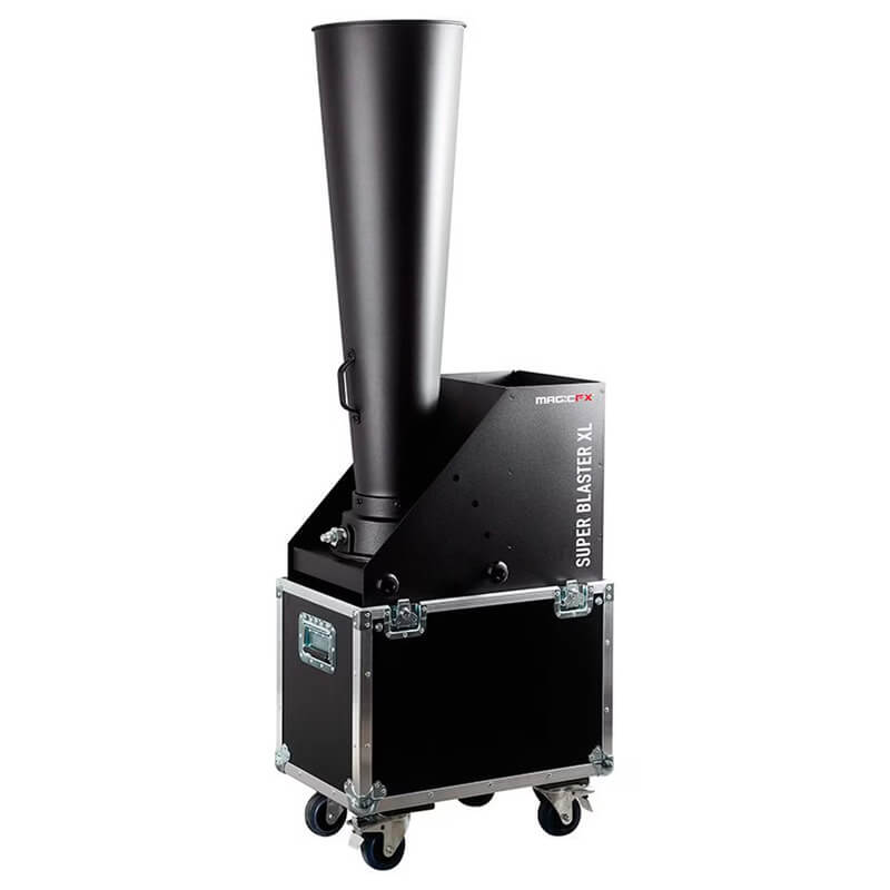 MagicFX Super Blaster XL confetti blaster – front left side view on flight case with wheels