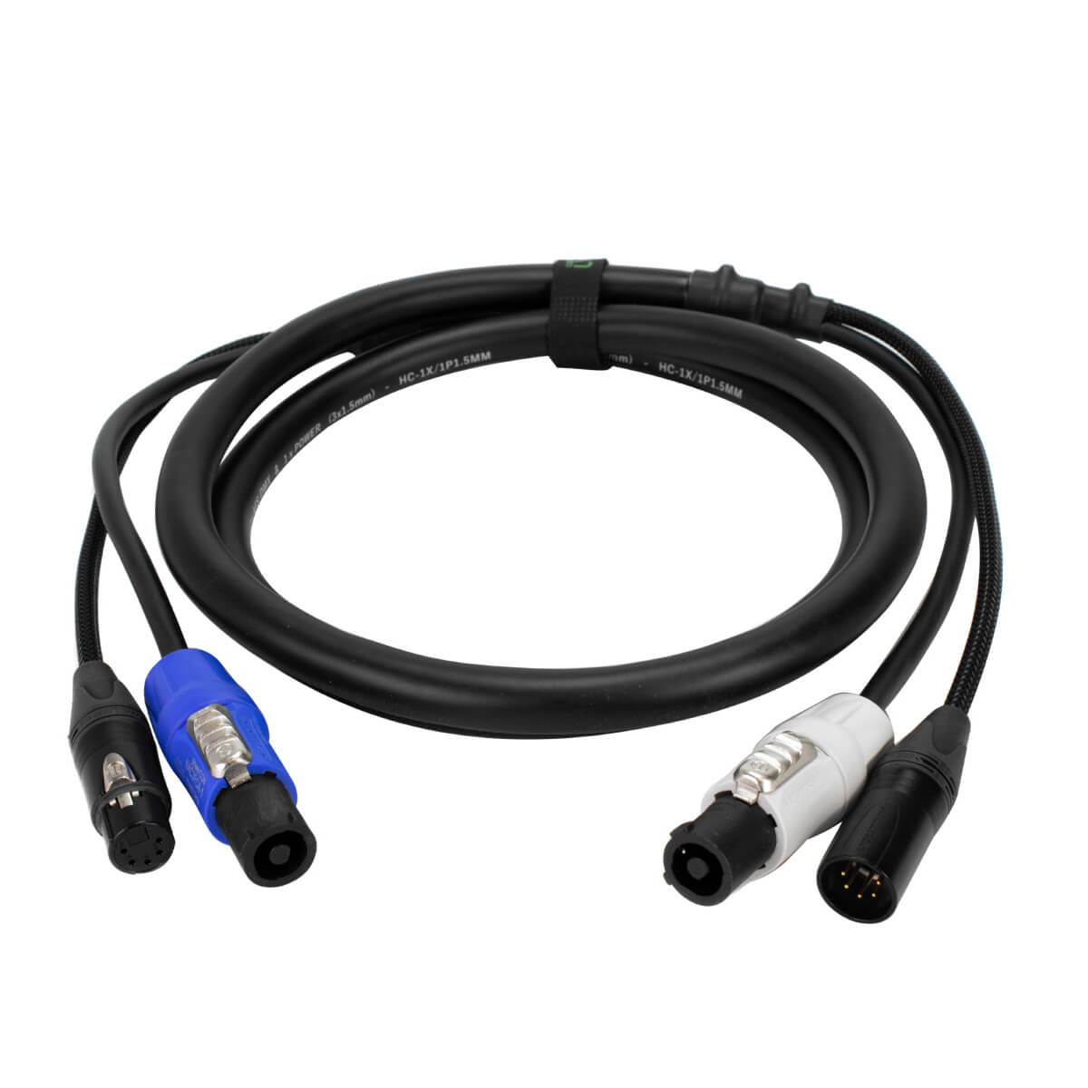 PowerCON/DMX 3-Pin Cable 5m with blue and white PowerCon connectors and XLR connectors