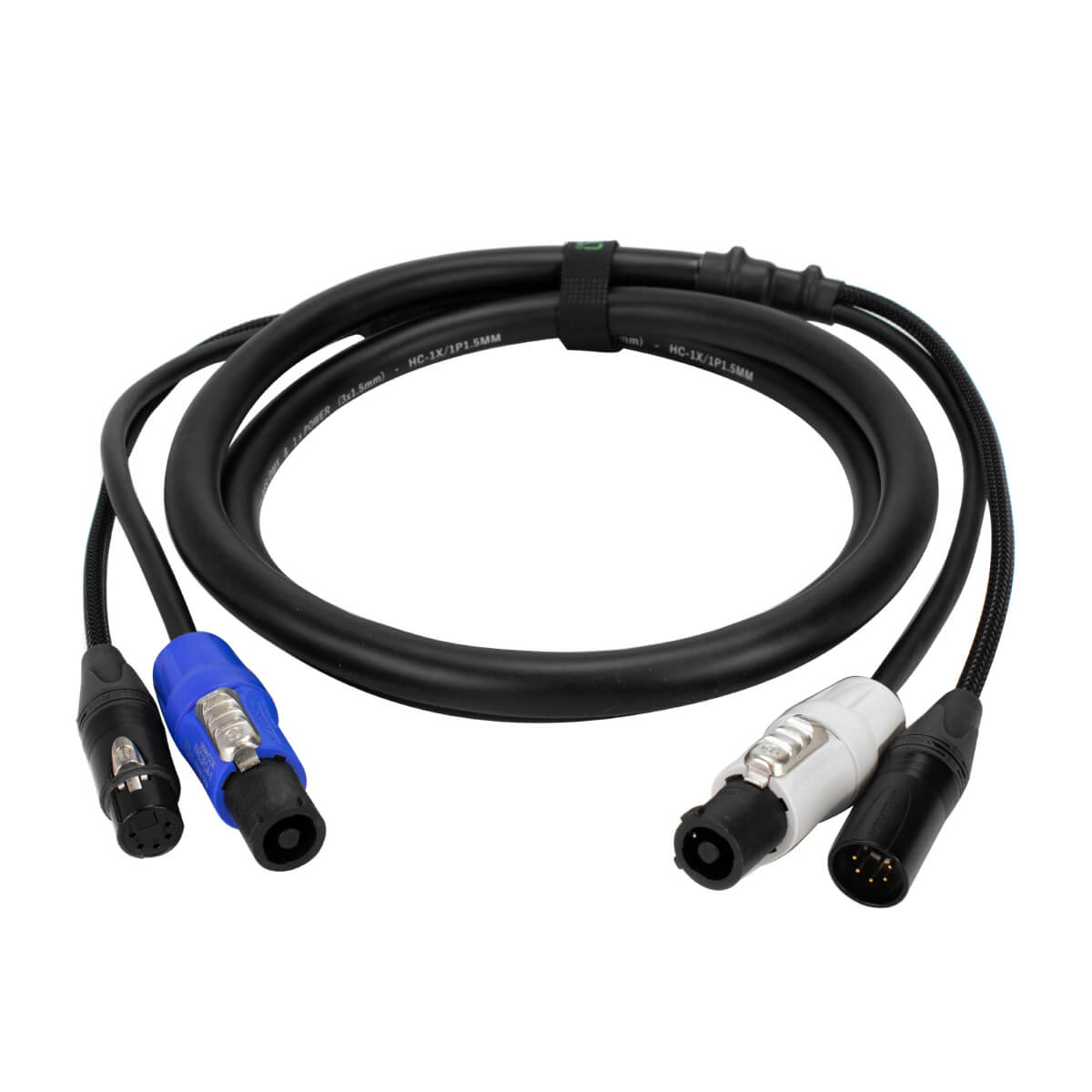 PowerCON/DMX 5-Pin Cable 10m with blue and white PowerCon connectors and XLR connectors