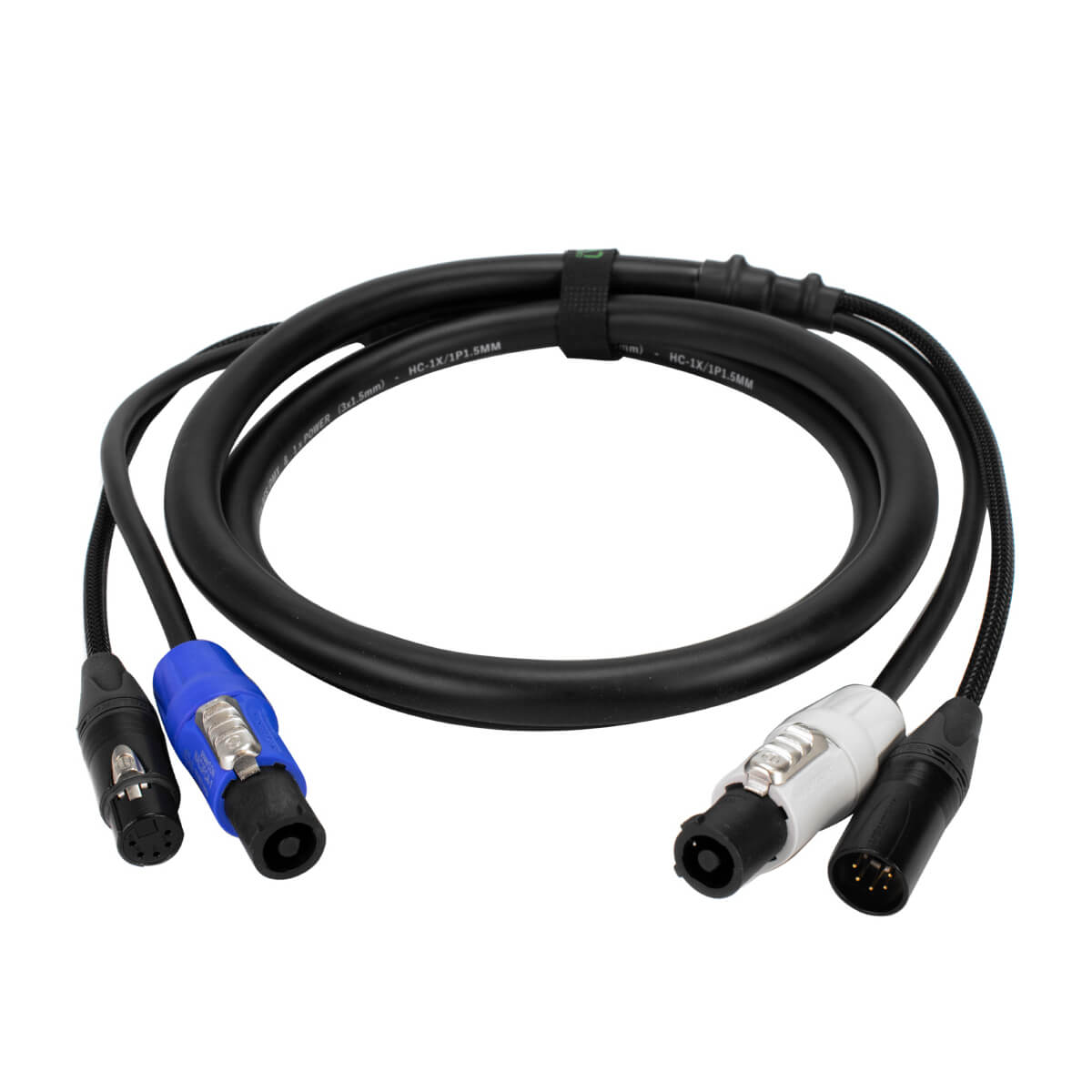PowerCON/DMX 5-Pin Cable 2m with blue and white PowerCon connectors and XLR connectors