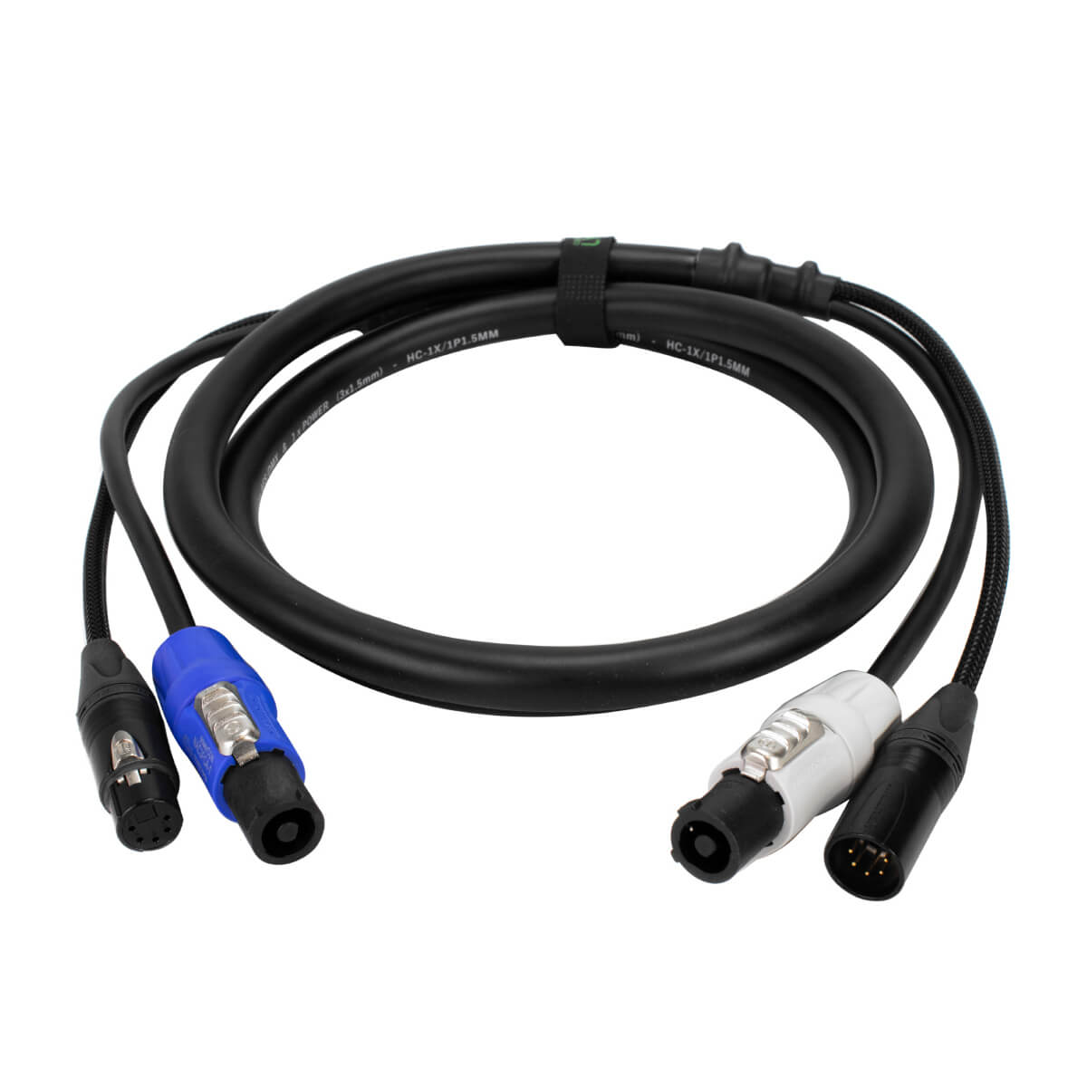 PowerCON/DMX 5-Pin Cable 3m with blue and white PowerCon connectors and XLR connectors