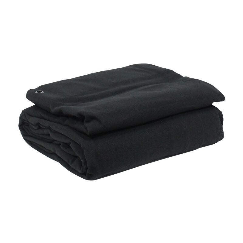 Folded 6x4m black serge drape with metal eyelet for hanging, shown neatly stacked on a white background.