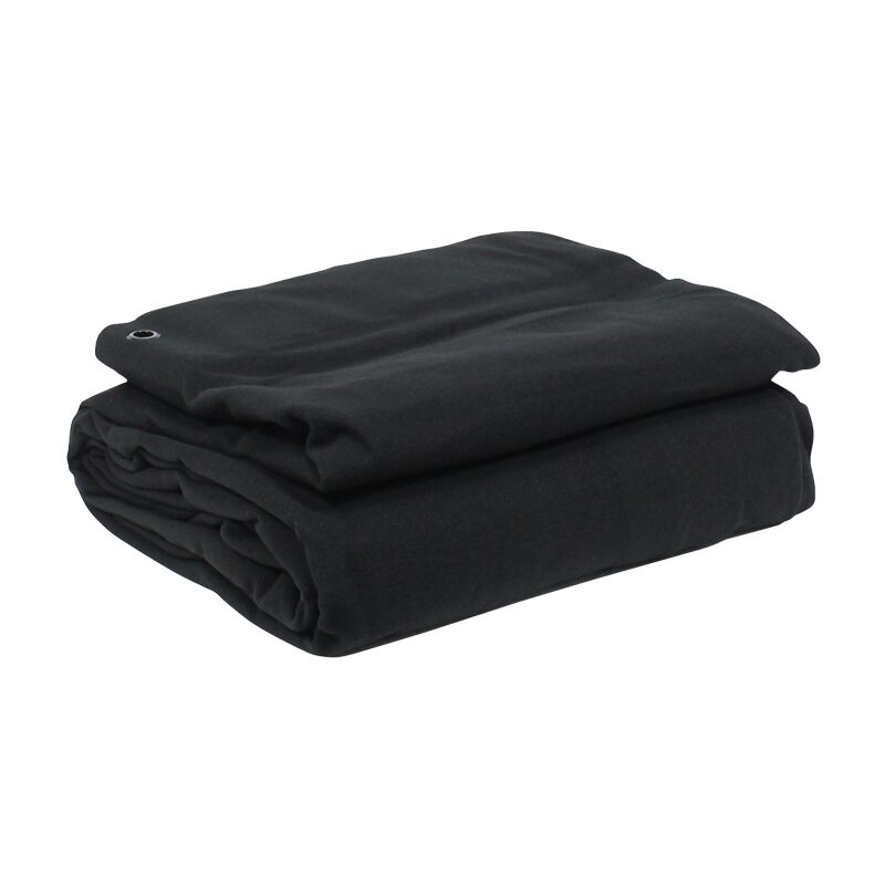 Folded 3x4m black serge drape with metal eyelet for hanging, shown neatly stacked on a white background.