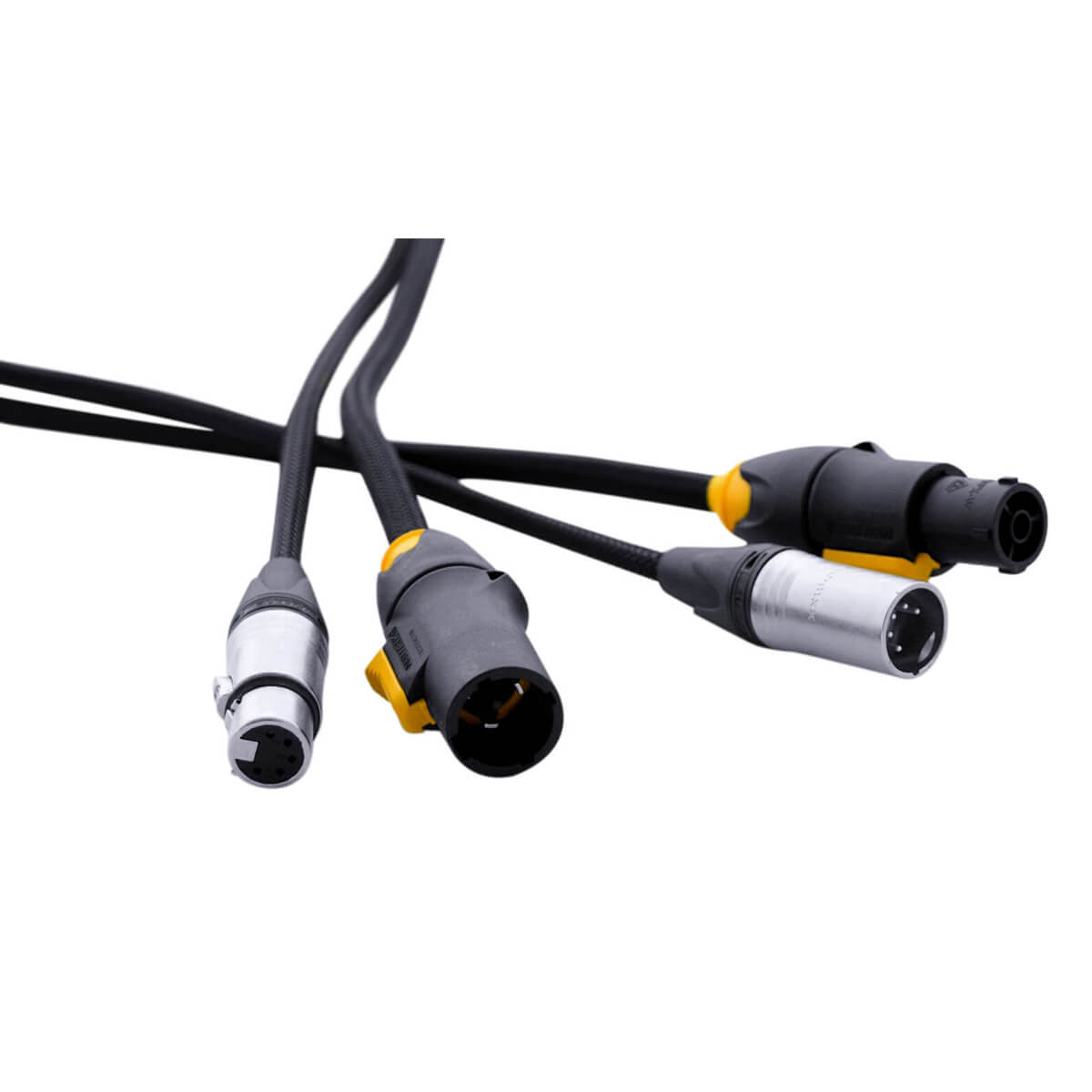 Close-up of TrueCon/DMX 5-Pin 3m Cable showing black braided cable with yellow and silver connectors on a white background.