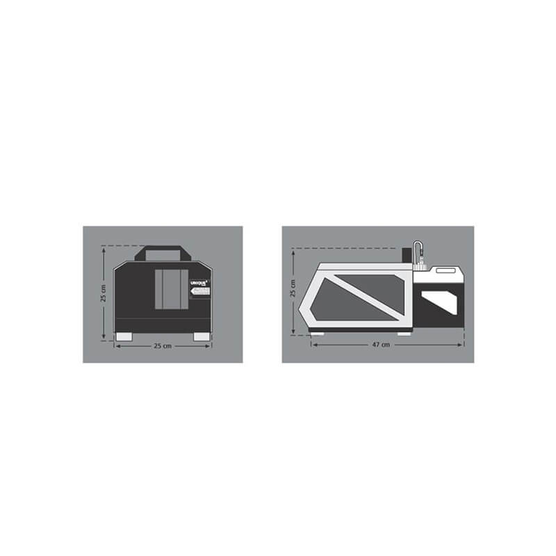 Technical diagram showing the dimensions of the Unique 2.1 Hazer from front and side views