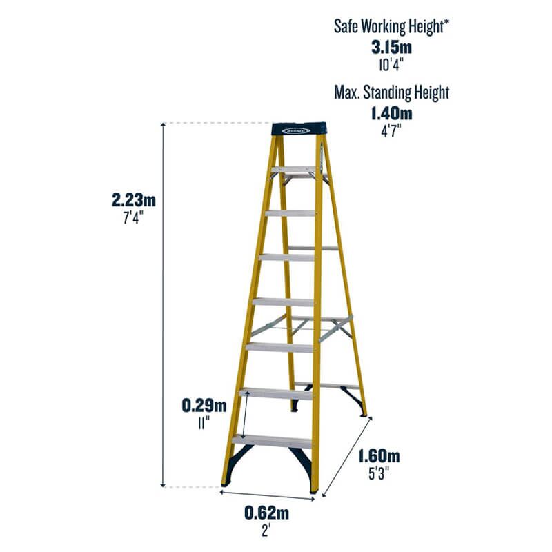 Diagram of Werner Fibreglass Stepladder 8 Treads 2.2m showing height, width, and spacing measurements