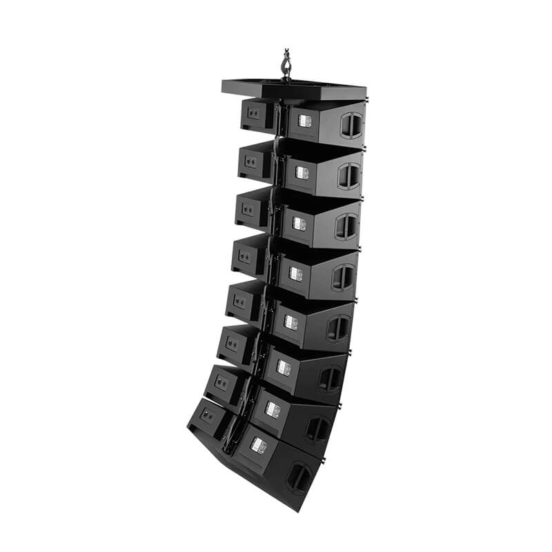 Rear view of eight d&b audiotechnik V8 line array loudspeakers flown in a vertical curved configuration