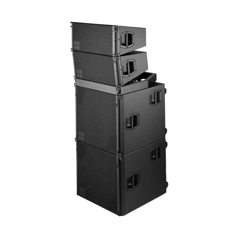 Stack of d&b audiotechnik V8 loudspeakers arranged in a vertical line array setup