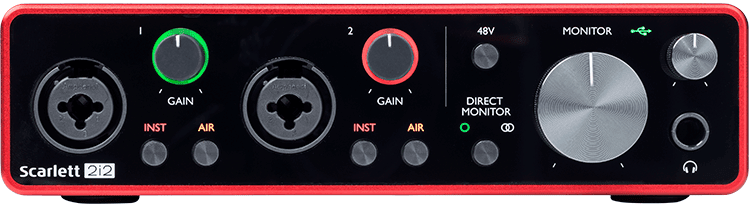 Front view of the Focusrite Scarlett 2i2 Audio Interface