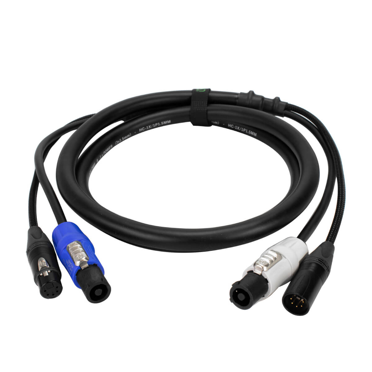 PowerCON/DMX 3-Pin Cable 1.5m with blue and white PowerCon connectors and XLR connectors