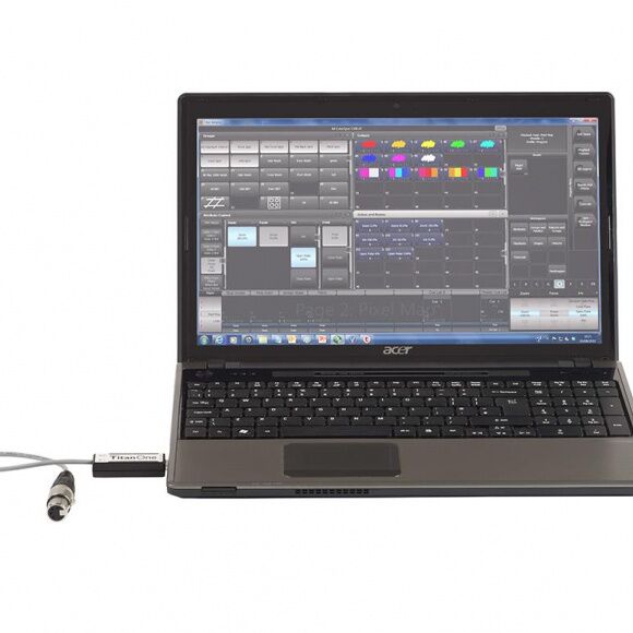 Avolites Titan One USB DMX interface connected to a touchscreen laptop running Titan lighting control software.
