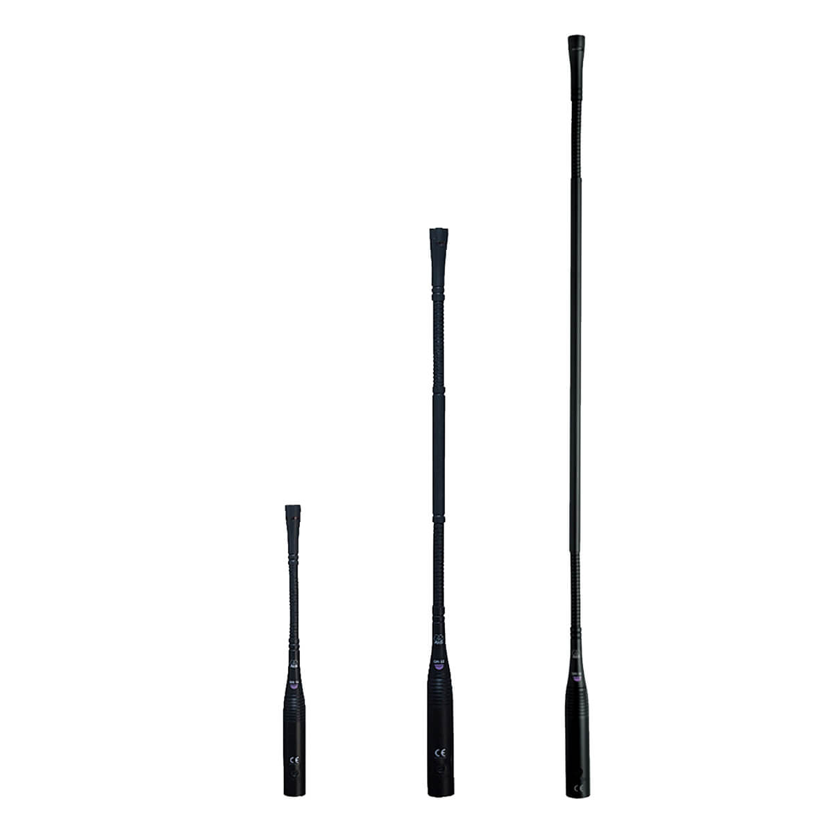 Three AKG GN30 E lectern microphones shown in different gooseneck lengths, displaying the adjustable design for various speaking setups.