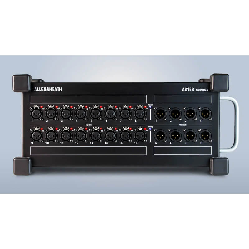 Rear panel of the Allen & Heath AB168 Stage Box showing AC mains input, fuse, dSNAKE EtherCon ports, and ventilation design.
