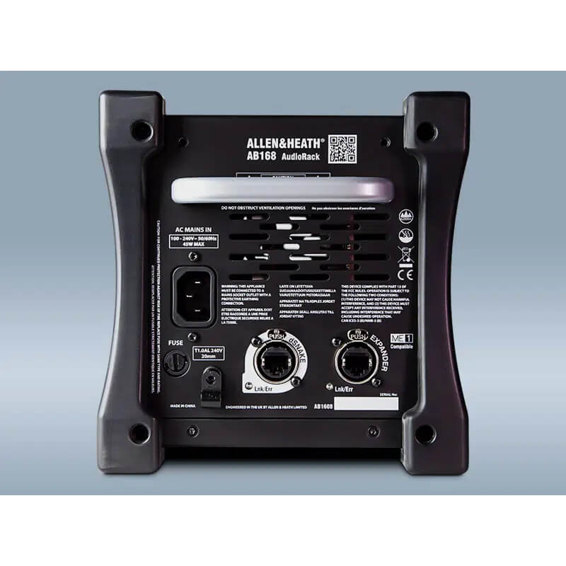 Rear panel of the Allen & Heath AB168 Stage Box showing AC mains input, fuse, dSNAKE EtherCon ports, and ventilation design.