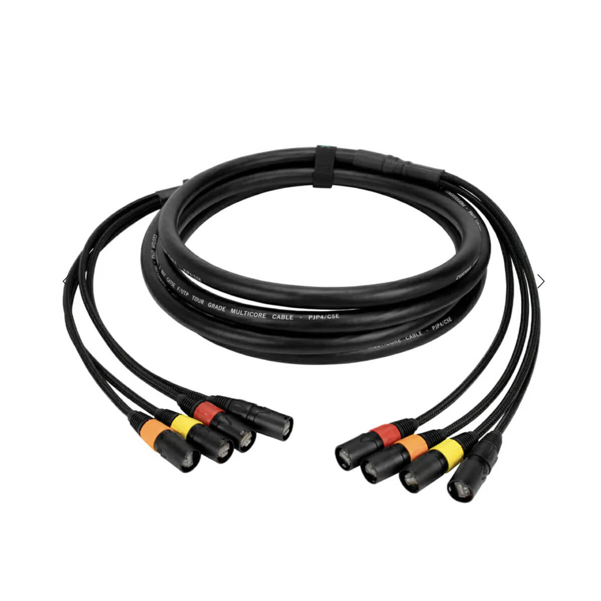 CAT5E 75m Tourgrade 8 Way etherCON Loom (StageBox) cable with four colour-coded connectors on each end, coiled on a white background.