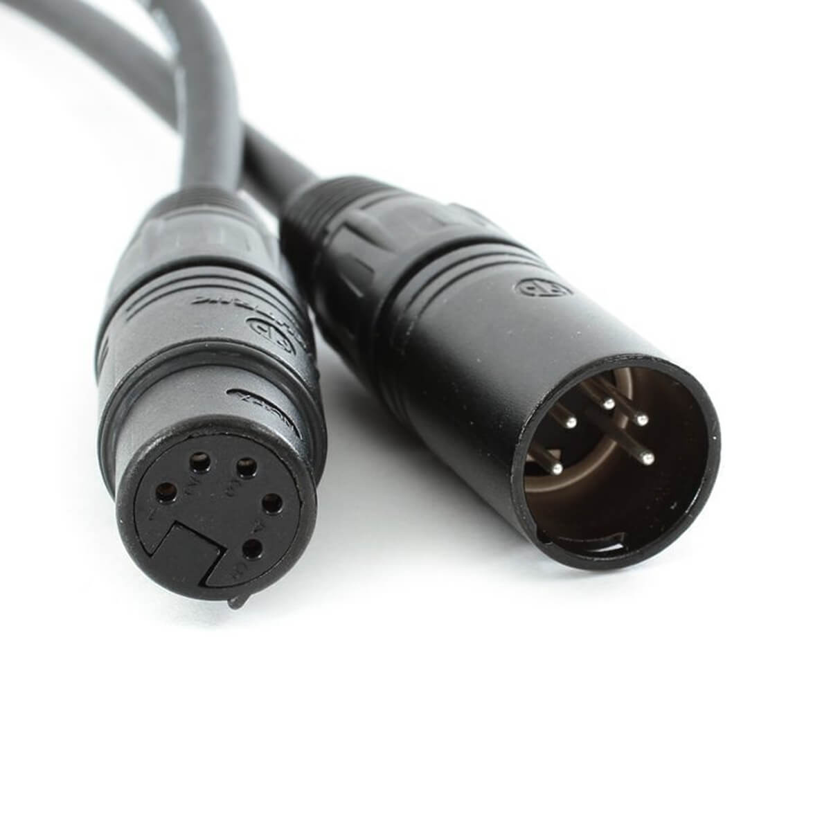 DMX 5 Pin Cable 20m featuring close-up view of male and female XLR connectors on white background.