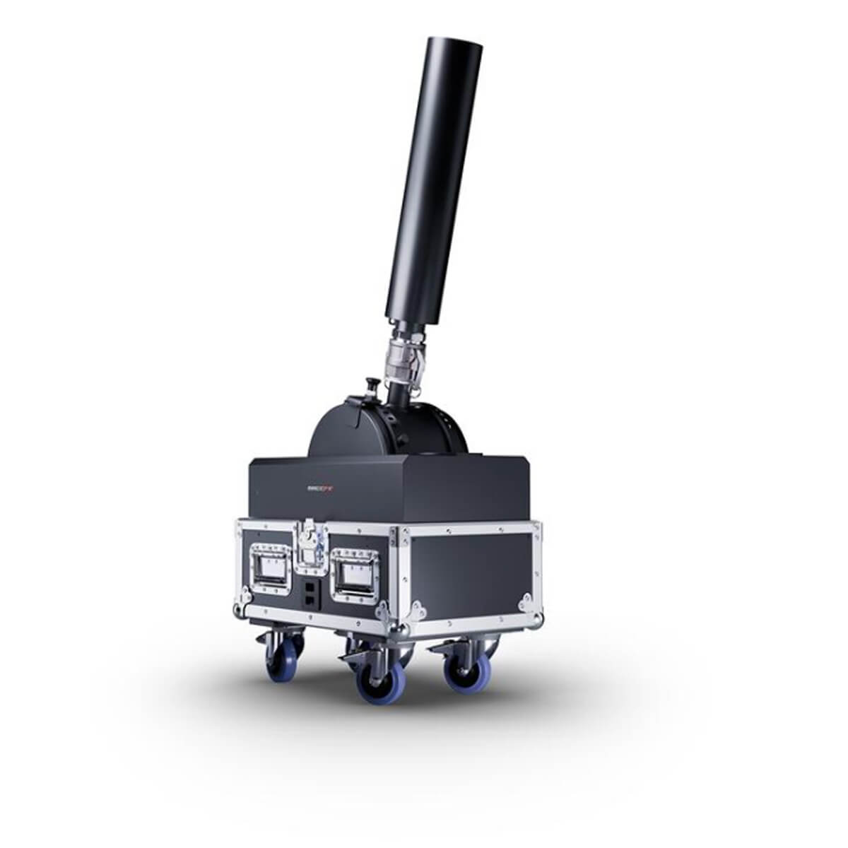 MagicFX Stadium Shot confetti cannon with large launch tube mounted on a road case with wheels