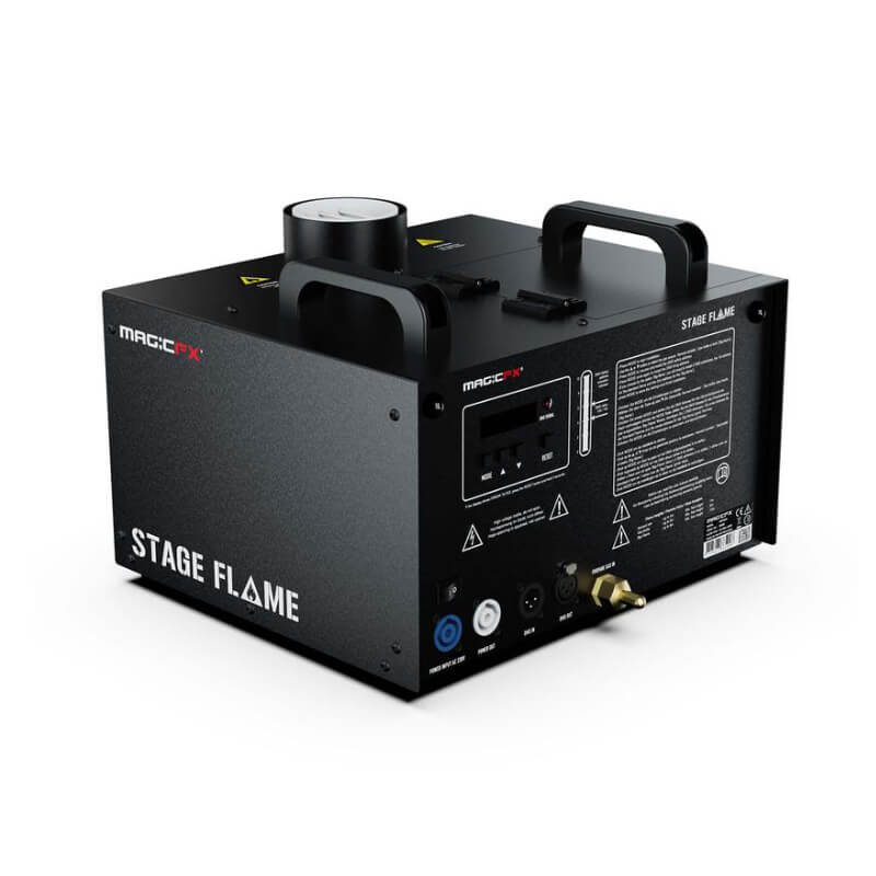 MagicFX Stage Flame flame machine showing rear panel with DMX controls, power connections, and dual handles for stage use.