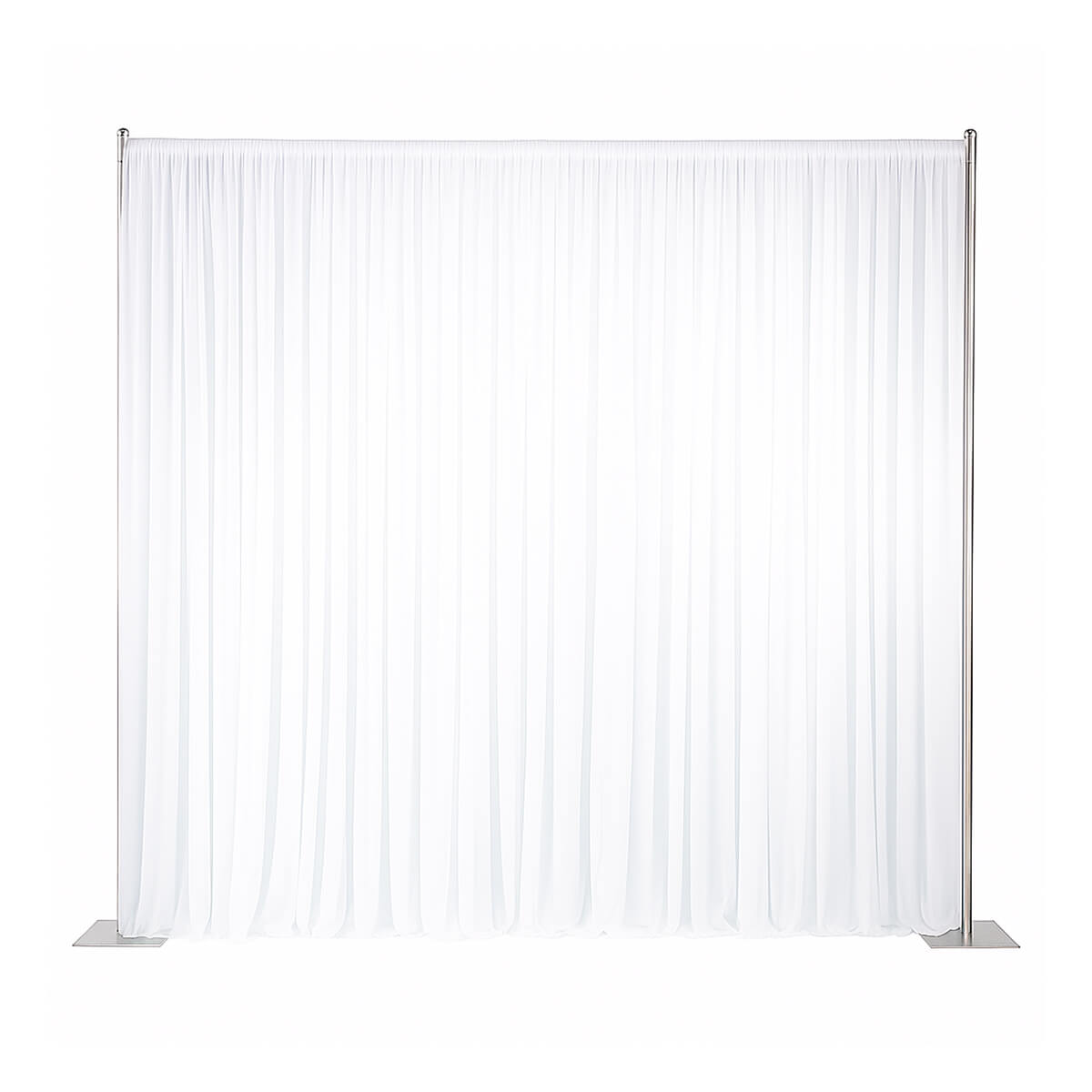 White shiny event drape with gathered pleats hanging from a support frame