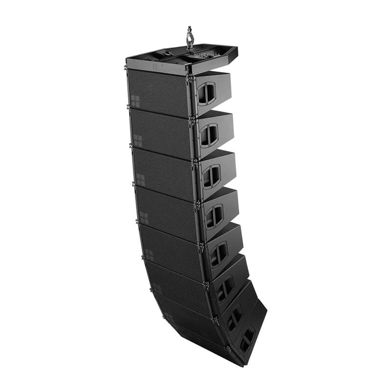 Eight d&b audiotechnik V12 line array loudspeakers flown in a vertical curved configuration