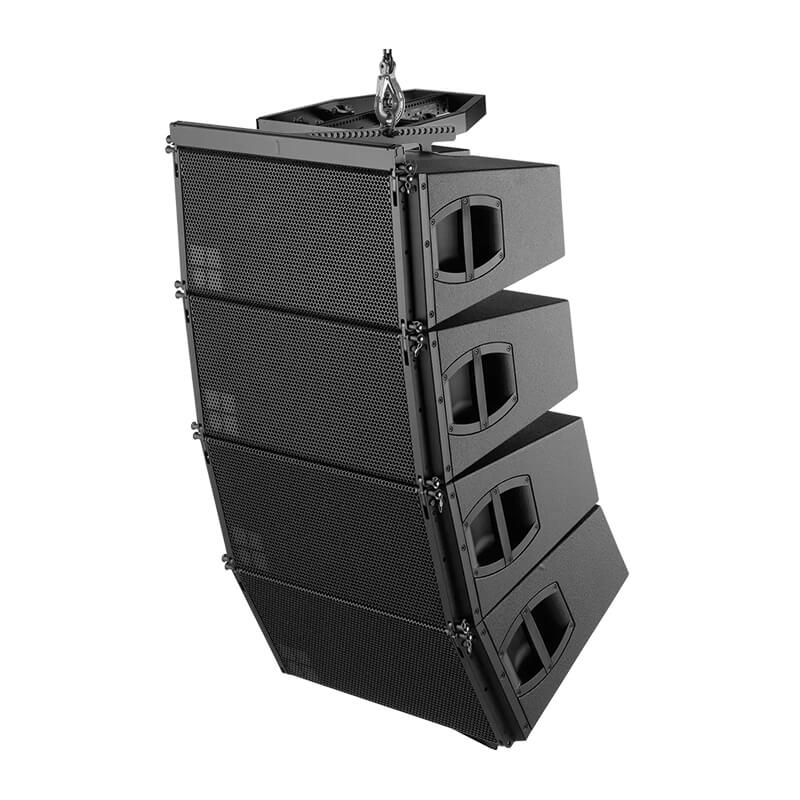 Four d&b audiotechnik V12 line array loudspeakers suspended from a rigging frame